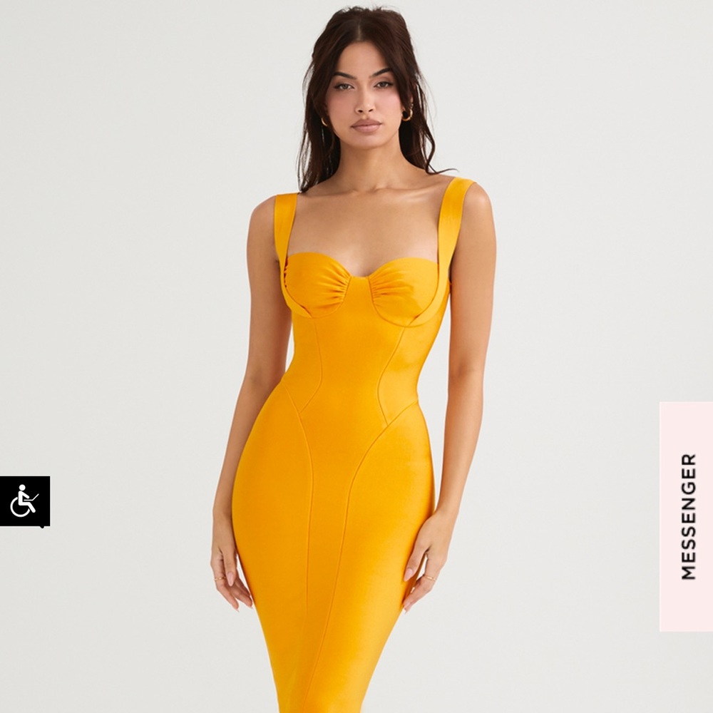 CHARLENE HOUSE OF CB TANGERINE BANDAGE MIDI DRESS
